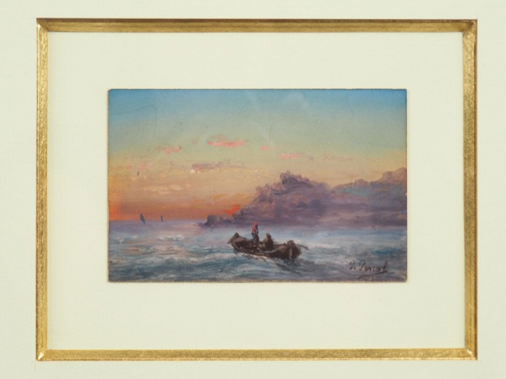 Paul PASCAL. "Marine". Gouache, signée en bas à droite. Dim. 6,5 x 10,