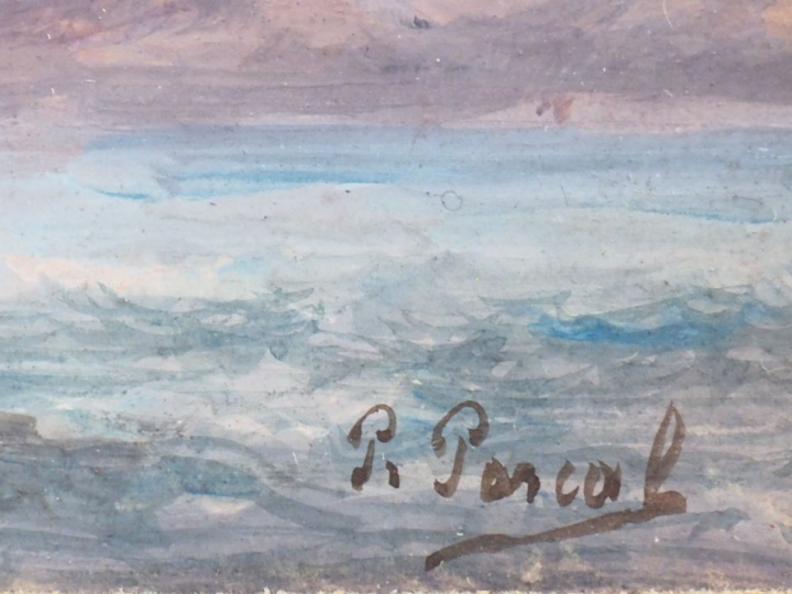Paul PASCAL. "Marine". Gouache, signée en bas à droite. Dim. 6,5 x 10,