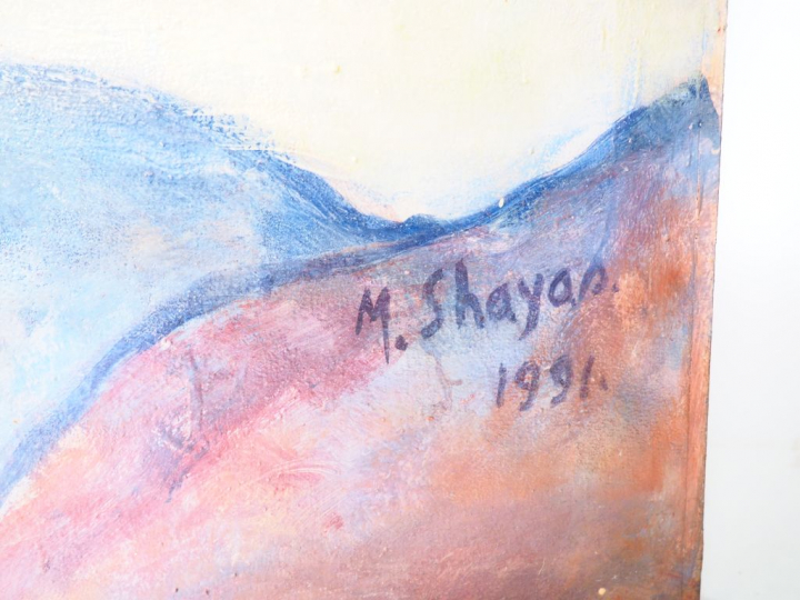 S. SHAYAN Grand paravent double faces à six brins, à décor peint de br