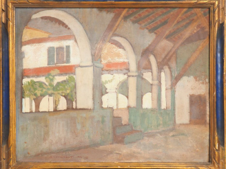 Vente aux enchères Raymond VIRAC. "Le cloître". Huile sur carton, signée en bas à gauche 