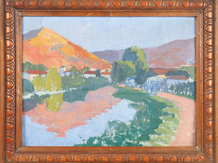 Raymond VIRAC.  "Vue du pays basque" Huile sur carton. Dim. 32 x 40 cm