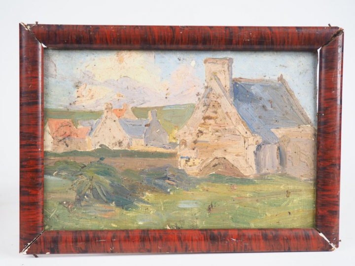 Raymond VIRAC.  "Village breton". Huile sur carton. Dim. 17 x 25 cm.
