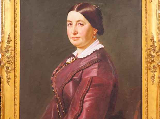 Ecole anglaise XIXème. "Portrait de dame à la robe pourpre". Huile sur