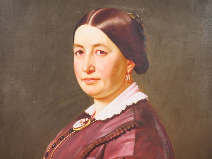 Ecole anglaise XIXème. "Portrait de dame à la robe pourpre". Huile sur