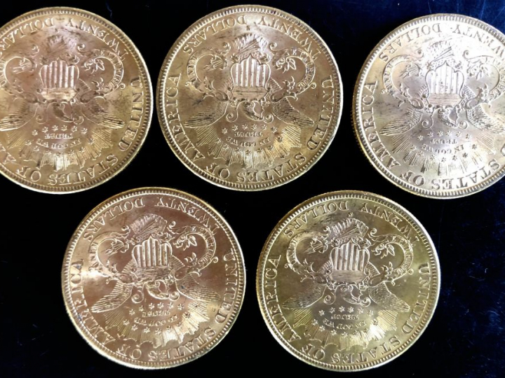 Cinq pièces de 20 Dollars or, 1893 (x2), 1896, 1897 et 1898. FRAIS ACH