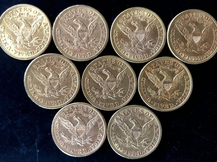 Neuf pièces de 5 Dollars or, 1882 (x2), 1884, 1892, 1897 (x2), 1899, 1