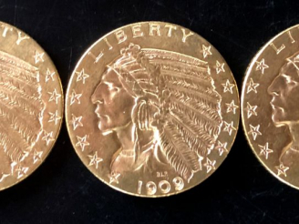 Vente aux enchères Trois pièces de 5 Dollars or, 1909 (x2) et 1911. FRAIS ACHETEURS 5% TT