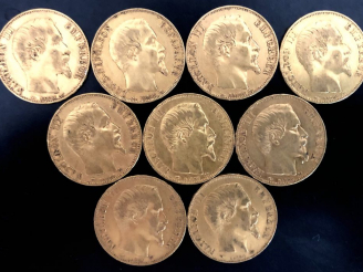 Vente aux enchères Neuf pièces de 20 Francs or, 1852-A, 1854-A (x2), 1855 (x4) et 1856 (x