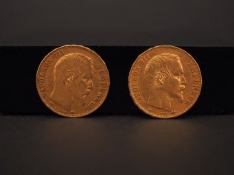 Vente aux enchères Deux pièces de 20 Francs or, 1857-A et 1860-A.