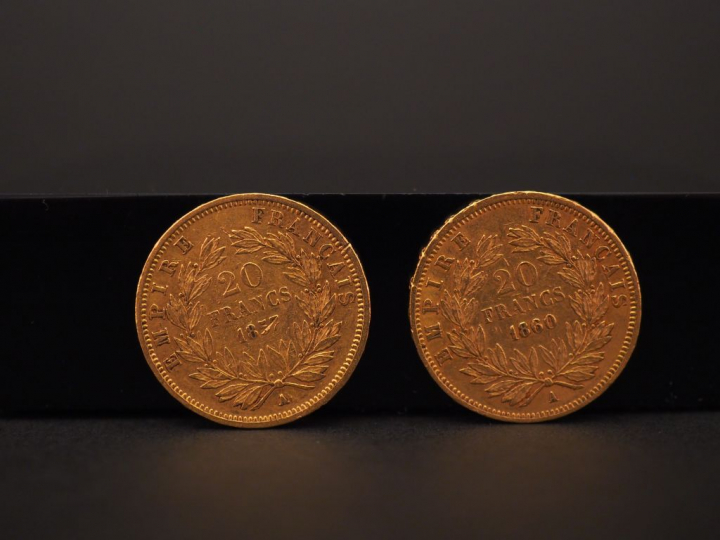 Deux pièces de 20 Francs or, 1857-A et 1860-A.