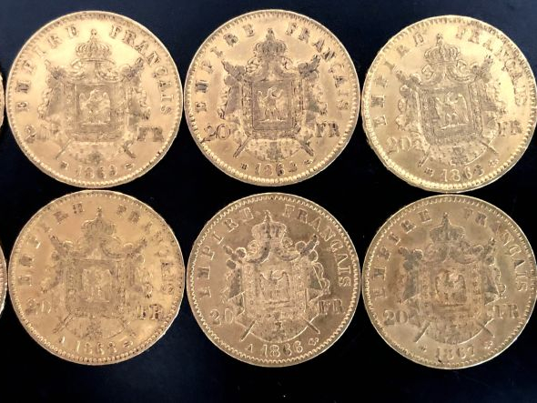Dix pièces de 20 Francs or, 1861-A, 1863-A, 1864-BB, 1866-A, 1866-BB, 