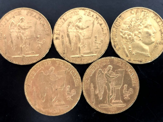 Vente aux enchères Cinq pièces de 20 Francs or, 1850-A, 1876-A, 1877-A, 1896-A et 1897-A.