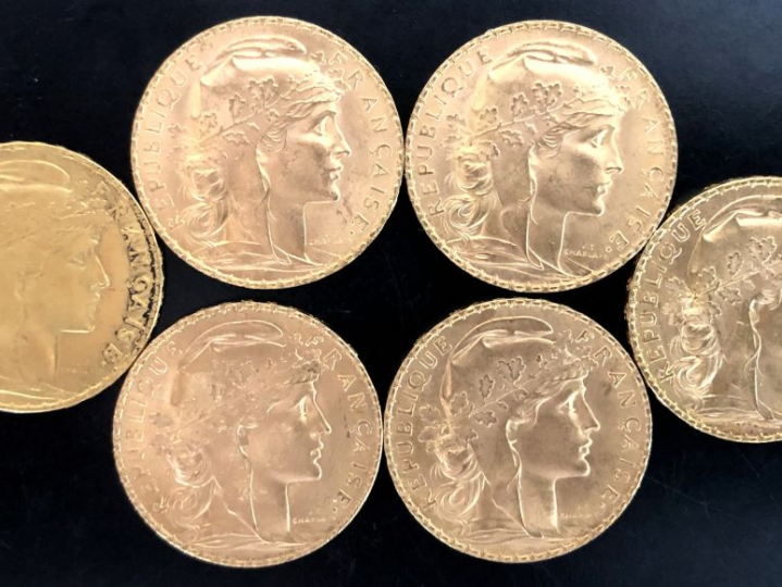 Six pièces de 20 Francs or, 1910 (x2), 1912 (x3) et 1913. FRAIS ACHETE