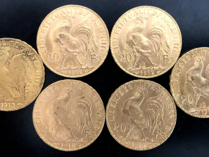 Six pièces de 20 Francs or, 1910 (x2), 1912 (x3) et 1913. FRAIS ACHETE