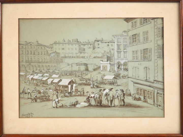 Ecole française XIXème "Le marché du Puy" Dessin au lavis. 23,5 x 34 c