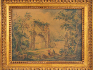 Vente aux enchères Ecole française XIXème "Scène animée dans un paysage de ruines" Aquare
