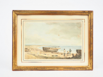 Vente aux enchères Ecole française XIXème "Retour de pêche" Aquarelle. 14,5 x 22,5 cm