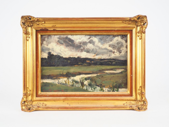 Ecole française début XXème "Paysage lacustre" Huile sur panneau. Sign