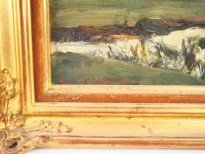 Ecole française début XXème "Paysage lacustre" Huile sur panneau. Sign