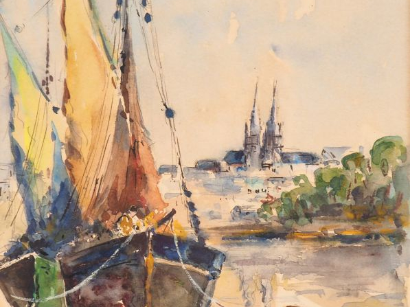 Ecole française XXème "Bateau à quai" Aquarelle. Signée en bas à droit