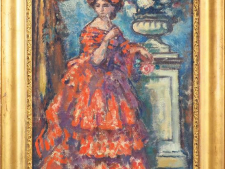 Vente aux enchères Charles GUERIN "Elégante à la robe rouge" Huile sur toile. Signée en b