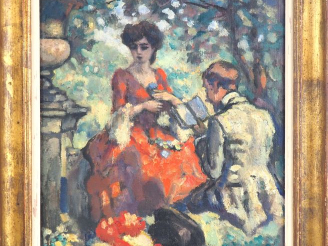 Vente aux enchères Charles GUERIN "Scène galante" Huile sur toile. Signée en bas à droite