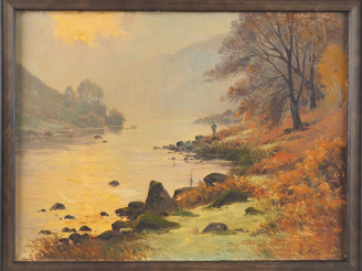 Vente aux enchères Charles HALLE "Paysage lacustre en automne" Huile sur toile.  46 x 61 