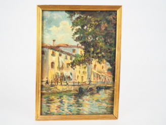 Vente aux enchères 	LEBRETON "Maison au bord de la rivière" Huile sur panneau. Signée en 