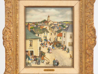 Vente aux enchères Paul LEMASSON "Scène de village animée" Huile sur panneau. Signée en b