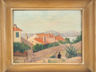 Vente aux enchères MAGGY MONIER "Paysage de bord de mer" Huile sur toile. Signée en bas à