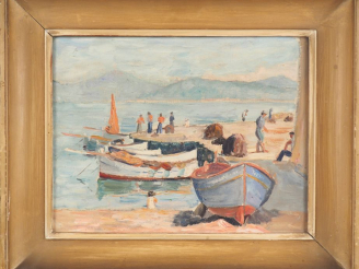 Vente aux enchères Maggy MONIER  "Le port de pêche" Huile sur toile. 27,5 x 35,5 cm