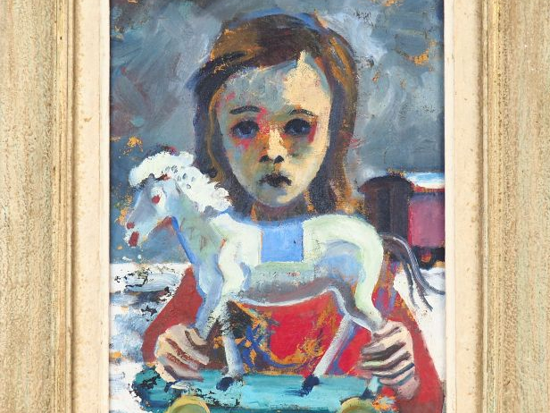 PONCELET "Fillette et son jouet" Huile sur toile. Signée en bas à gauc
