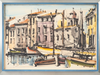 Vente aux enchères S. VALDIMIA "Le port de St-Tropez" Aquarelle. Signée en bas à droite. 