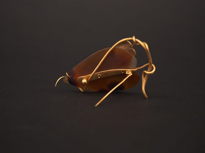 Broche de style Art Nouveau en or jaune et agate en forme de feuille. 