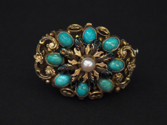 Vente aux enchères Broche Napoléon III en argent et argent doré, turquoises en cabochon, 