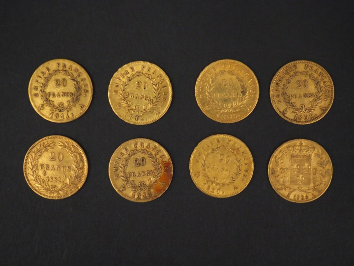 Huit pièces de 20 Francs or, 1808-A, 1809-A, 1810-A, 1811-A, 1812-A, 1