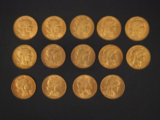 Vente aux enchères Quatorze pièces de 20 Francs or, 1901, 1902, 1903, 1904 (x4), 1905 (x6