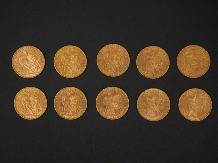 Dix pièces de 20 Francs or, 1907. FRAIS ACHETEURS 5% TTC.