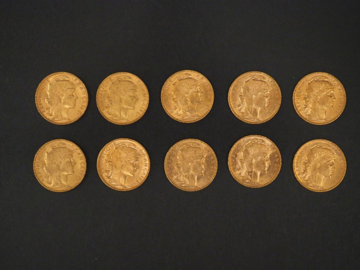 Dix pièces de 20 Francs or, 1907. FRAIS ACHETEURS 5% TTC.