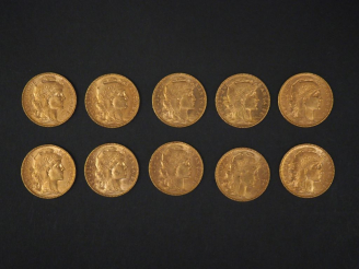 Vente aux enchères Dix pièces de 20 Francs or, 1907. FRAIS ACHETEURS 5% TTC.