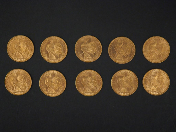 Dix pièces de 20 Francs or, 1907. FRAIS ACHETEURS 5% TTC.