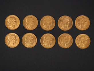 Vente aux enchères Dix pièces de 20 Francs or, 1907. FRAIS ACHETEURS 5% TTC.
