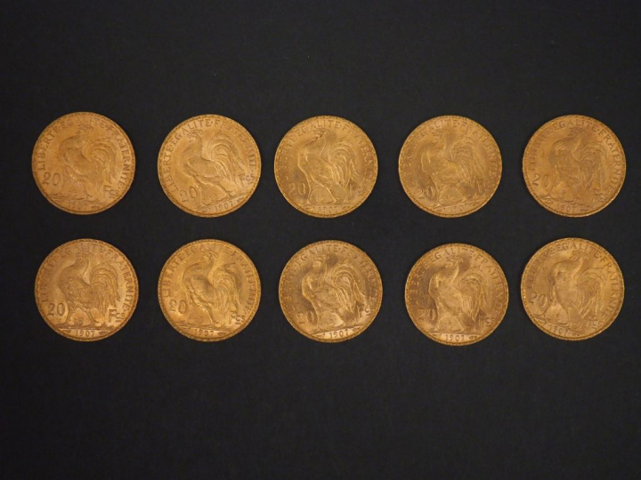 Dix pièces de 20 Francs or, 1907. FRAIS ACHETEURS 5% TTC.