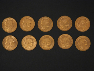 Vente aux enchères Dix pièces de 20 Francs or, 1907. FRAIS ACHETEURS 5% TTC.