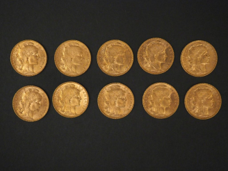 Vente aux enchères Dix pièces de 20 Francs or, 1907. FRAIS ACHETEURS 5% TTC.