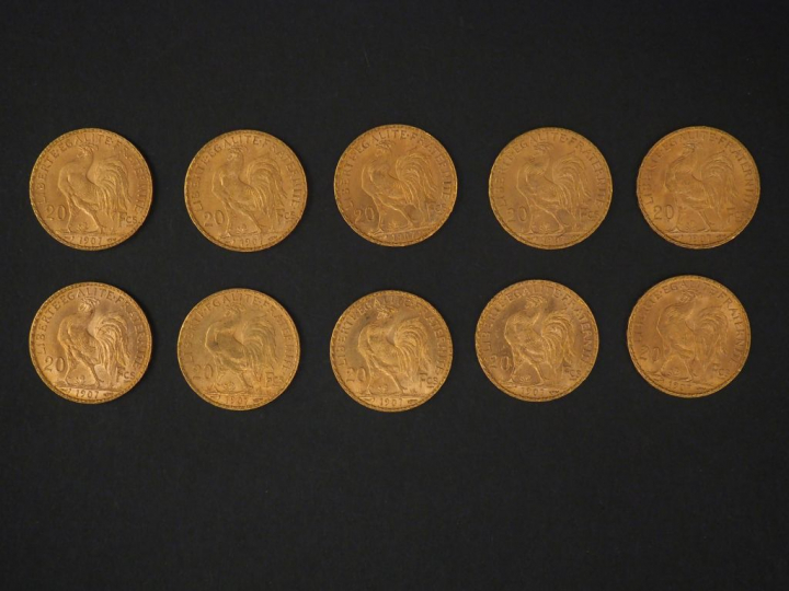 Dix pièces de 20 Francs or, 1907. FRAIS ACHETEURS 5% TTC.