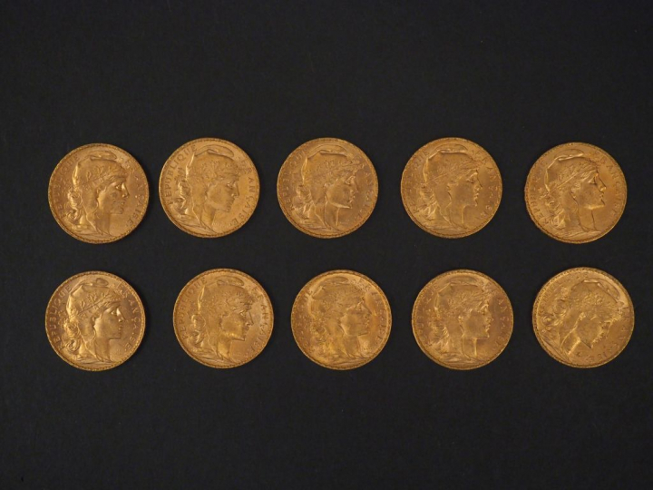 Dix pièces de 20 Francs or, 1907. FRAIS ACHETEURS 5% TTC.