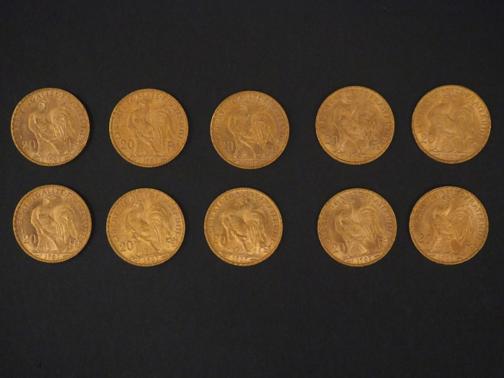 Dix pièces de 20 Francs or, 1907. FRAIS ACHETEURS 5% TTC.