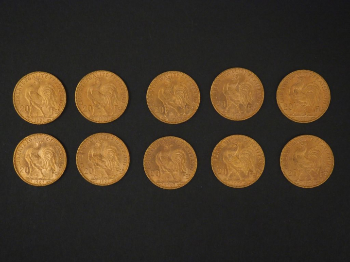Dix pièces de 20 Francs or, 1907. FRAIS ACHETEURS 5% TTC.