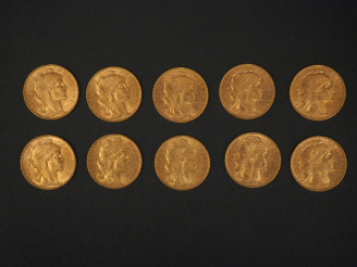 Vente aux enchères Dix pièces de 20 Francs or, 1909. FRAIS ACHETEURS 5% TTC.